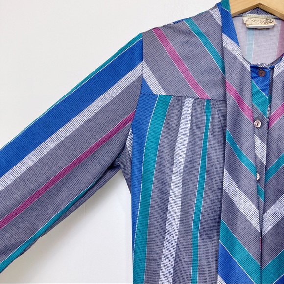 Vintage secretary dress pussybow grey teal pink midi 70s retro office striped - Picture 6 of 12